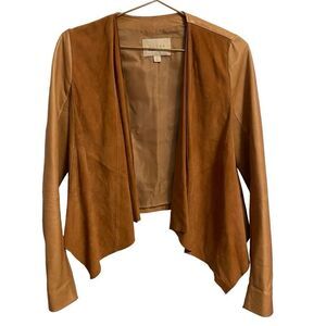 Hinge Tan Leather Suede Drappy Open Front Jacket Size Small